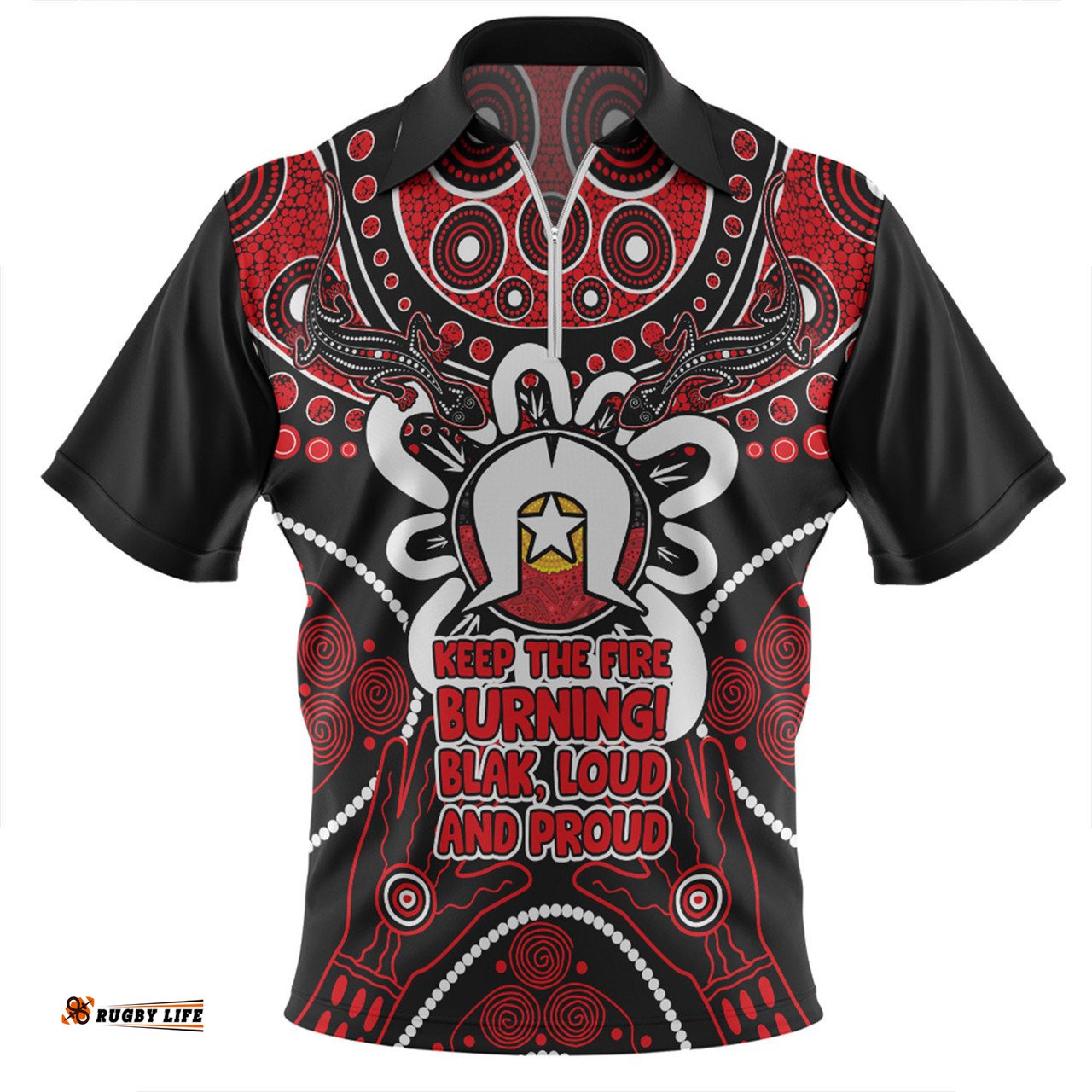 Australia Naidoc Week Aboriginal Inspired Dot Art Painting And Aussie Lizard Zip Polo Shirt