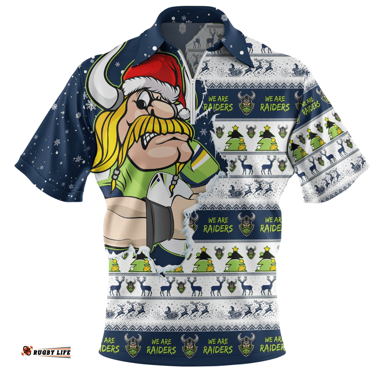 Canberra Raiders Merry Ugly Christmas Our Beloved Team Scratch Style Zip Polo Shirt