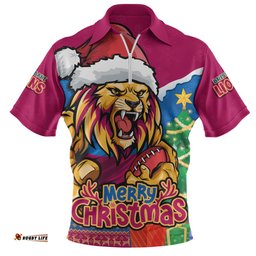 Brisbane Lions Santa Scoring Touchdown On Christmas Game Day Zip Polo Shirt