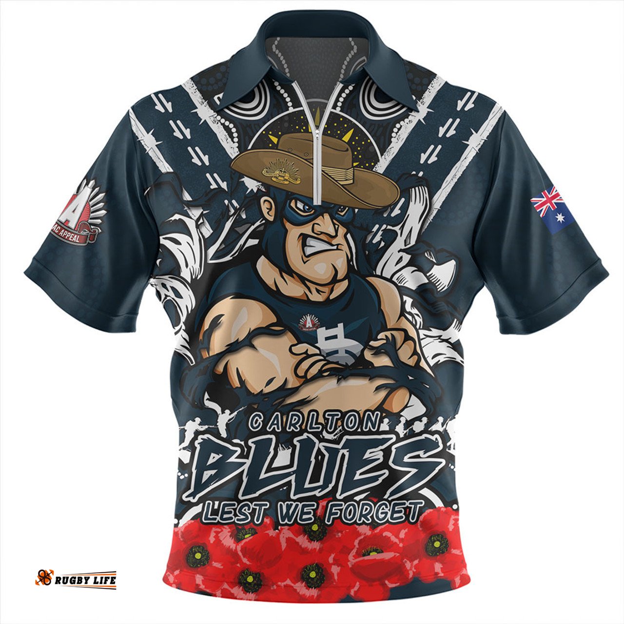Carlton Ripped Legacy Of The Game The ANZAC Spirit Lives On Zip Polo Shirt