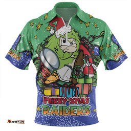 Canberra Raiders Christmas Custom Merry Christmas Our Beloved Team With Aboriginal Dot Art Pattern Zip Polo Shirt