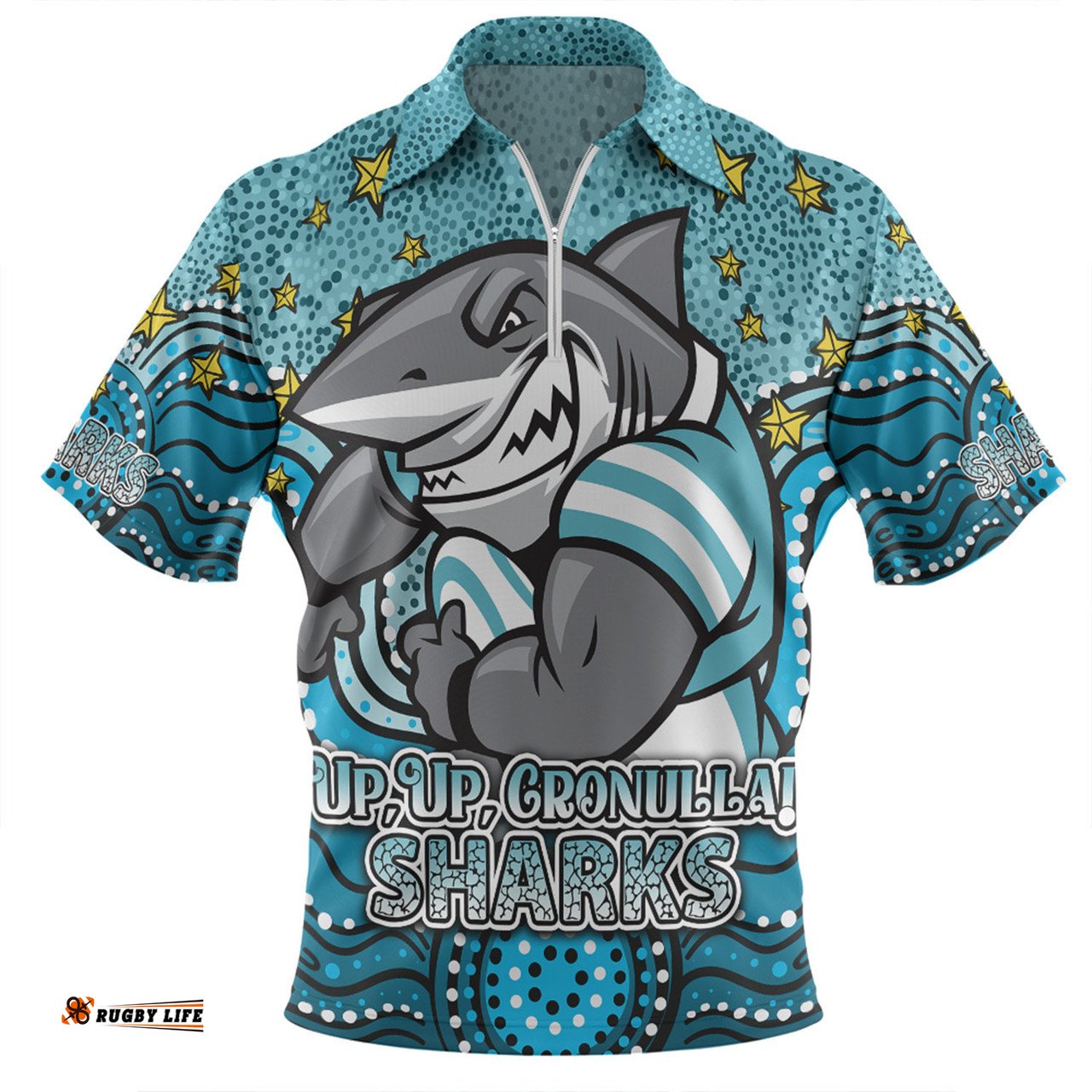 Cronulla Sutherland Sharks Custom Custom With Aboriginal Inspired Style Of Dot Painting Patterns Zip Polo Shirt