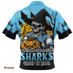 Cronulla Sutherland Sharks Dark Moon Rugby Halloween Battle Edition Zip Polo Shirt