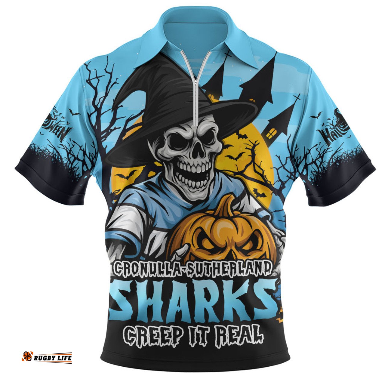 Cronulla Sutherland Sharks Dark Moon Rugby Halloween Battle Edition Zip Polo Shirt