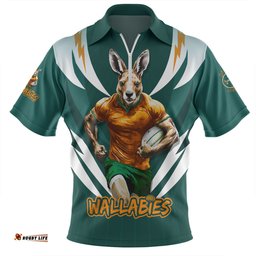 Australia Wallabies Championship Sport Style Green Zip Polo Shirt