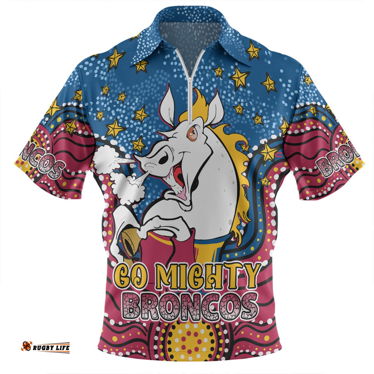 Brisbane Broncos Custom Custom With Aboriginal Inspired Style Of Dot Painting Patterns Zip Polo Shirt