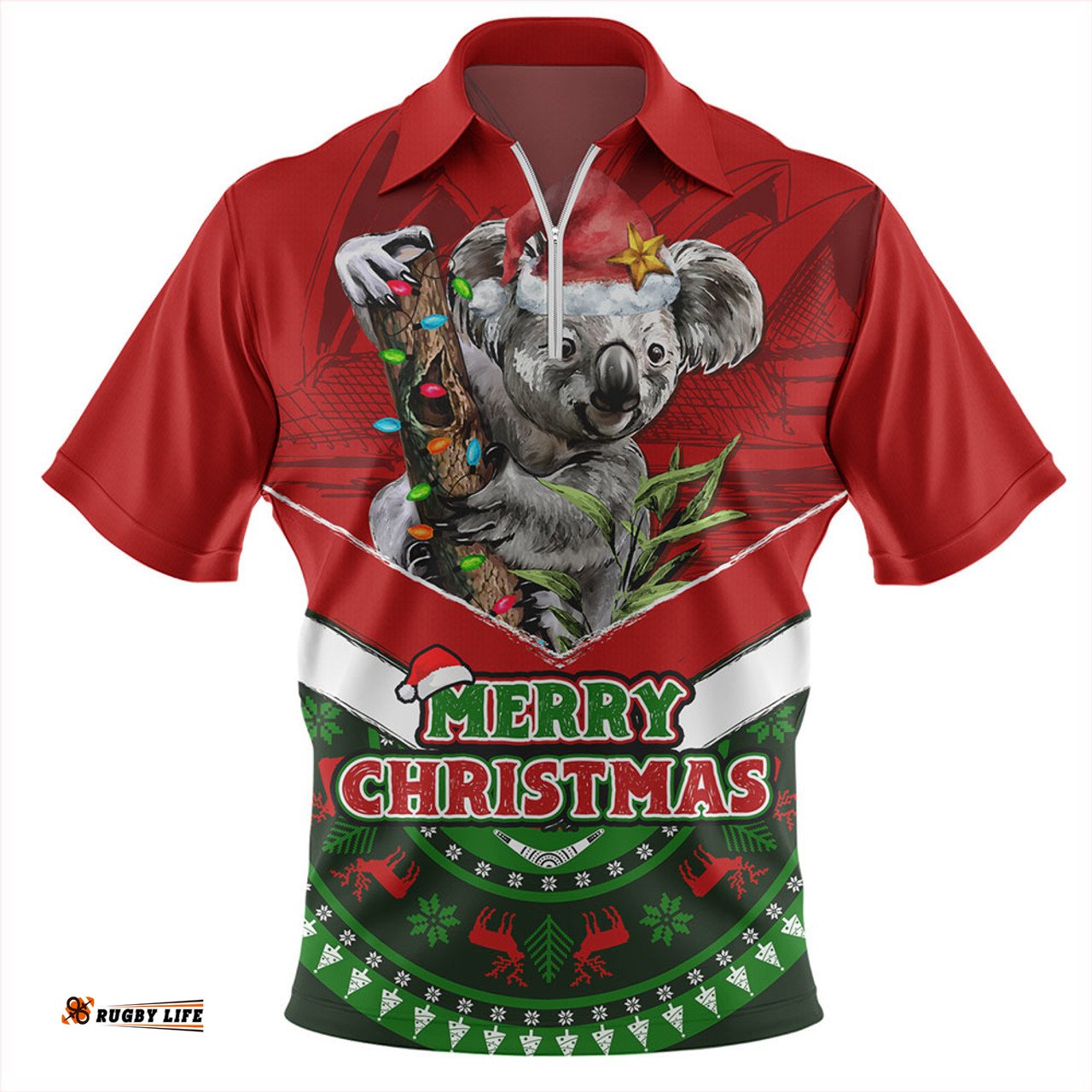 Australia Holiday Koala Merry Christmas Red Zip Polo Shirt