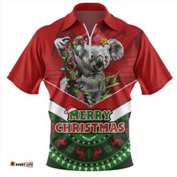 Australia Holiday Koala Merry Christmas Red Zip Polo Shirt