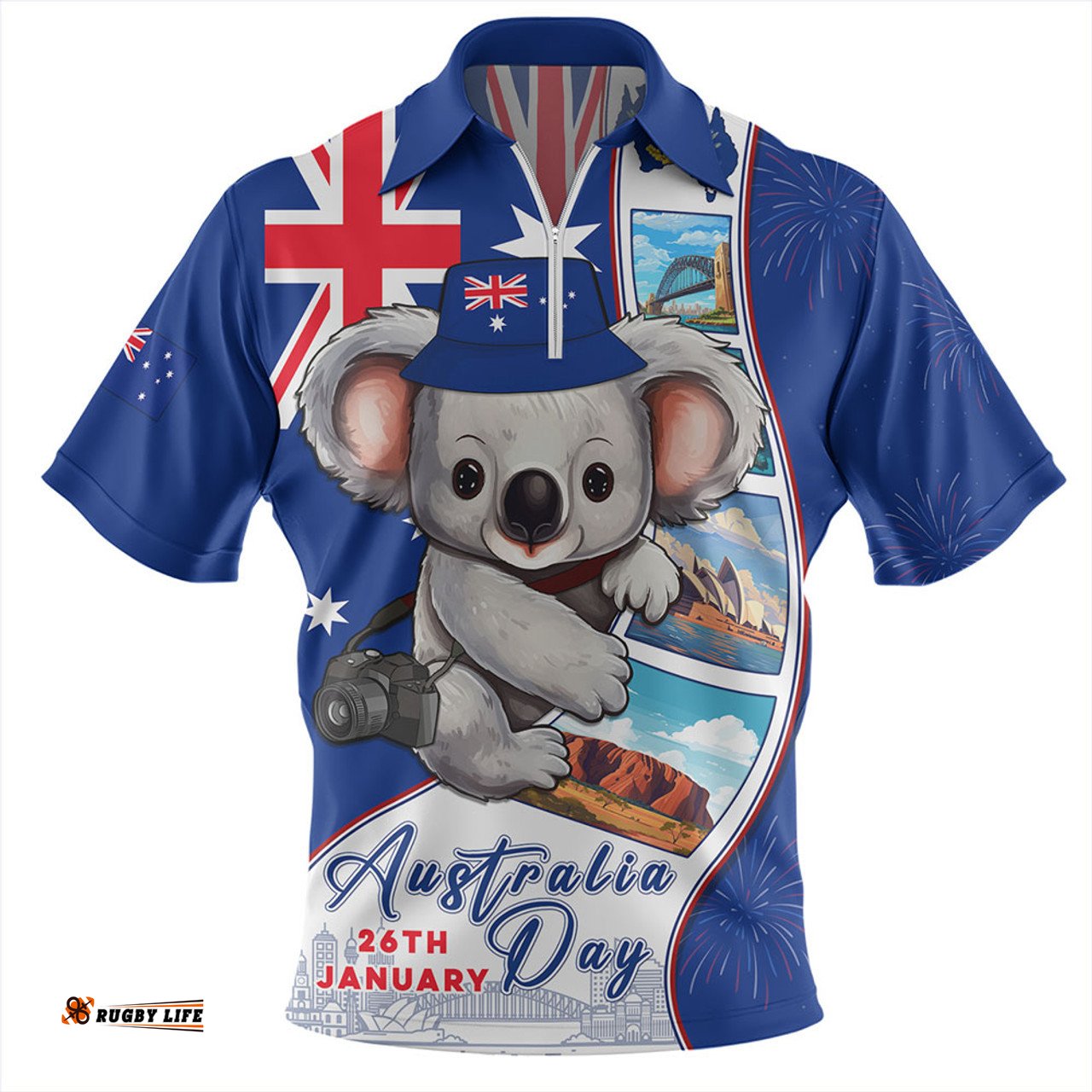 Australia Happy Australia Day Koala With Pictures Of Famous Places Zip Polo Shirt