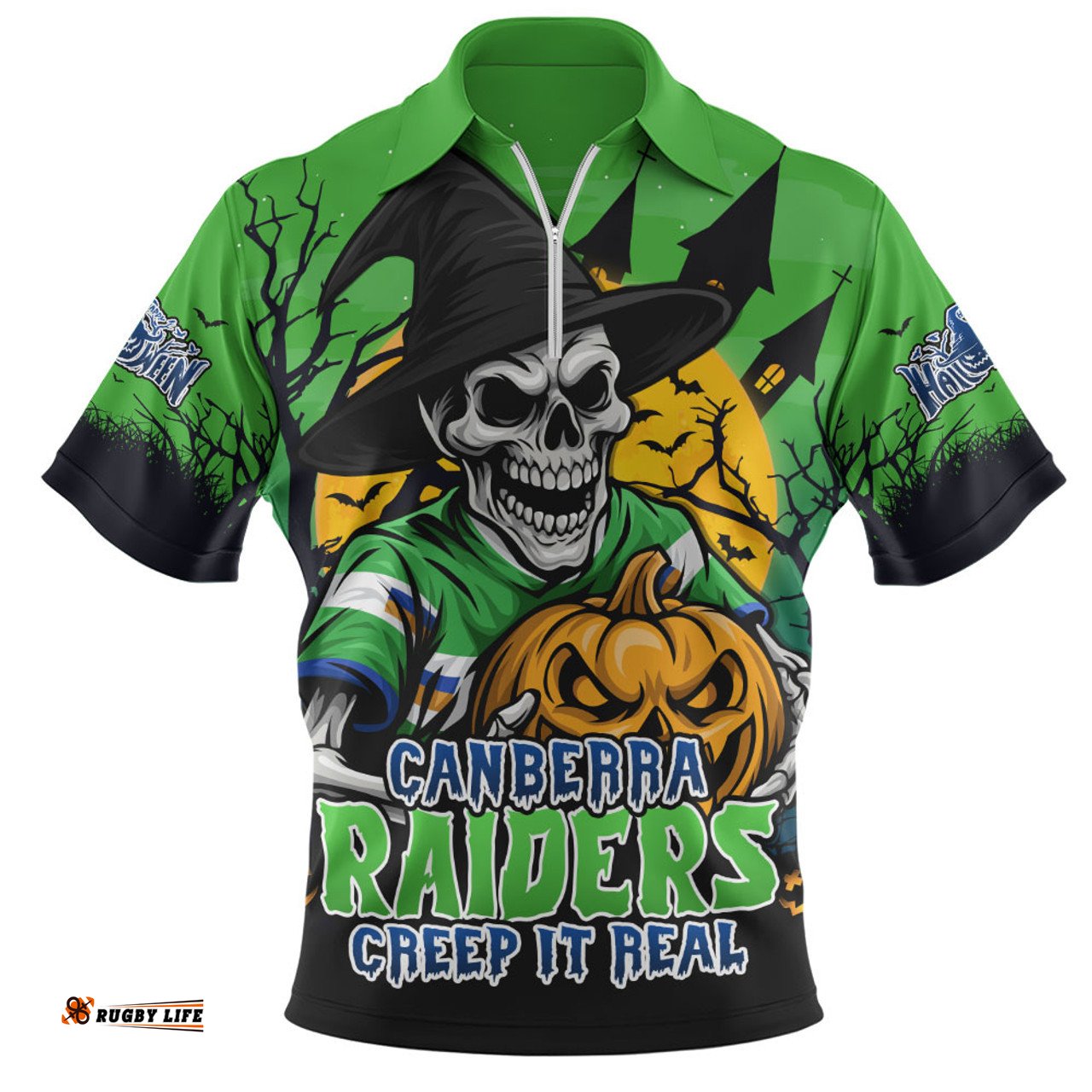 Canberra Raiders Dark Moon Rugby Halloween Battle Edition Zip Polo Shirt