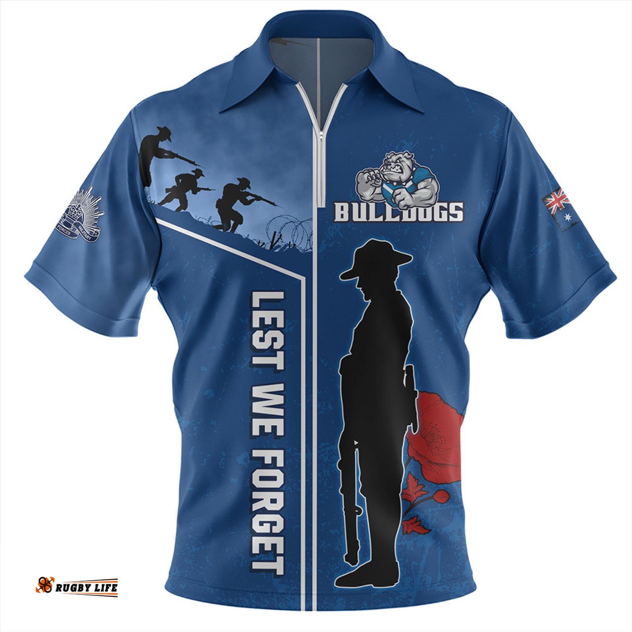 Canterbury Bankstown Bulldogs Anzac Day Lest We Forget Poppy Zip Polo Shirt