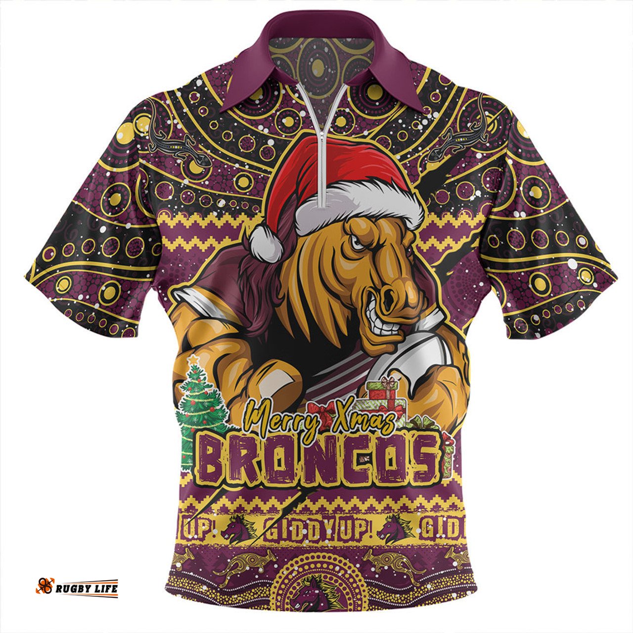 Brisbane Broncos Aboriginal Xmas Special Ugly Christmas Style Zip Polo Shirt