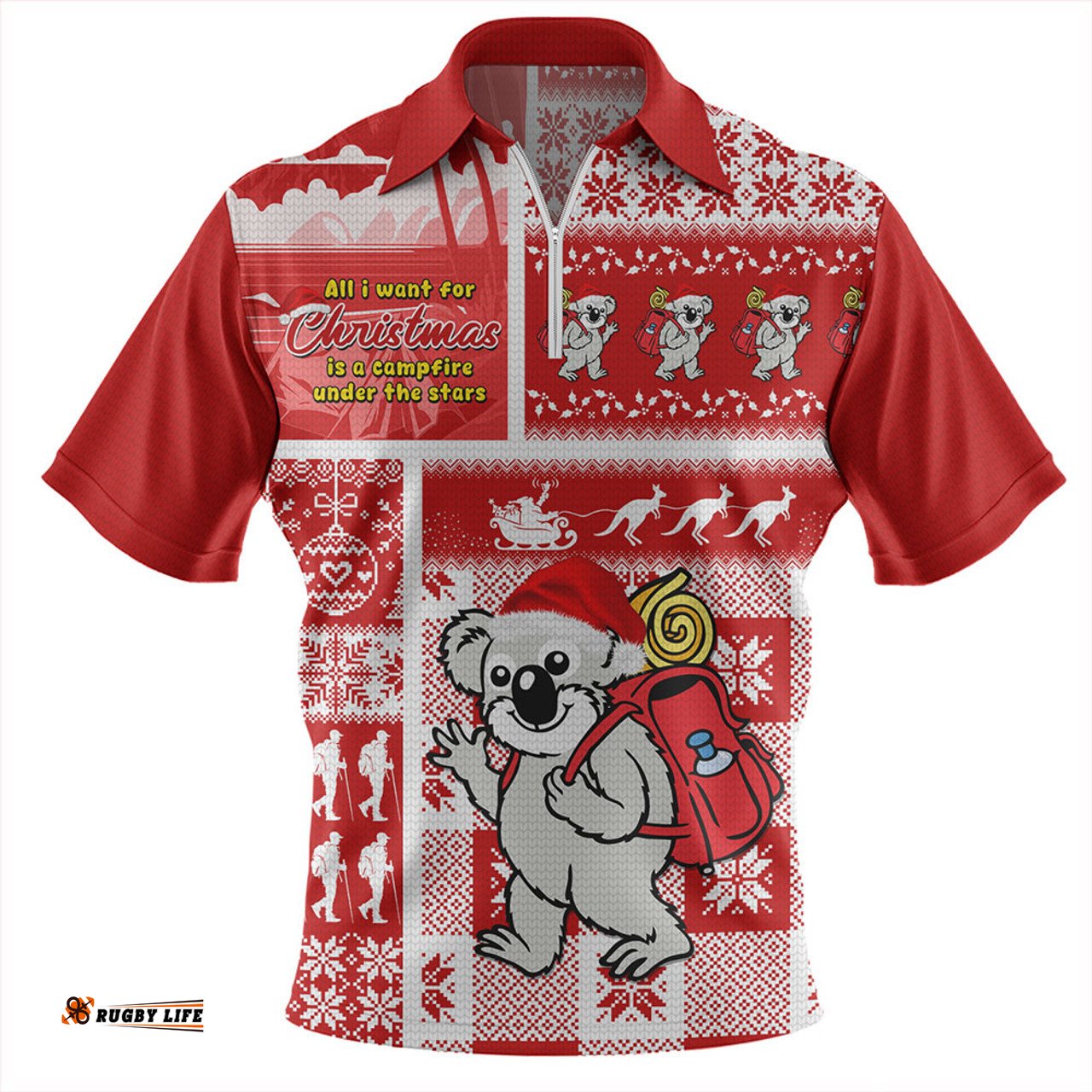 Australia Koala Wonderland Christmas Red Zip Polo Shirt