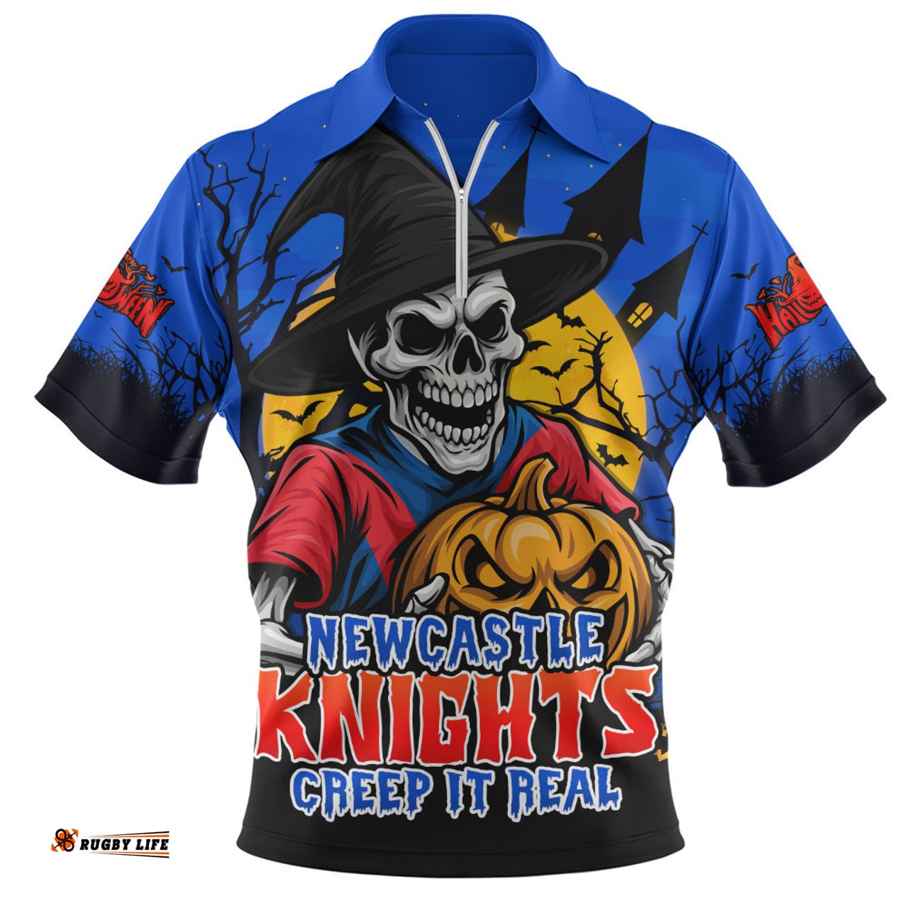 Newcastle Knights Dark Moon Rugby Halloween Battle Edition Zip Polo Shirt