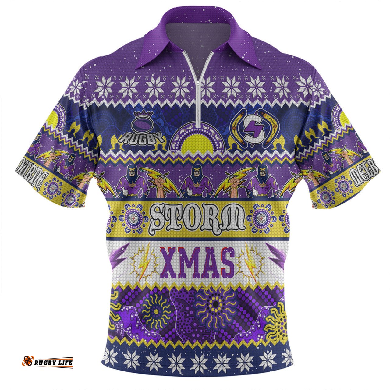 Melbourne Storm Christmas Aboriginal Custom Indigenous Knitted Ugly Xmas Style Zip Polo Shirt