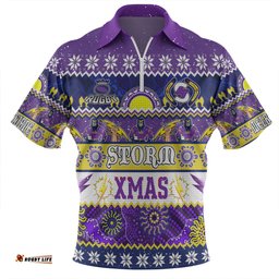 Melbourne Storm Christmas Aboriginal Custom Indigenous Knitted Ugly Xmas Style Zip Polo Shirt