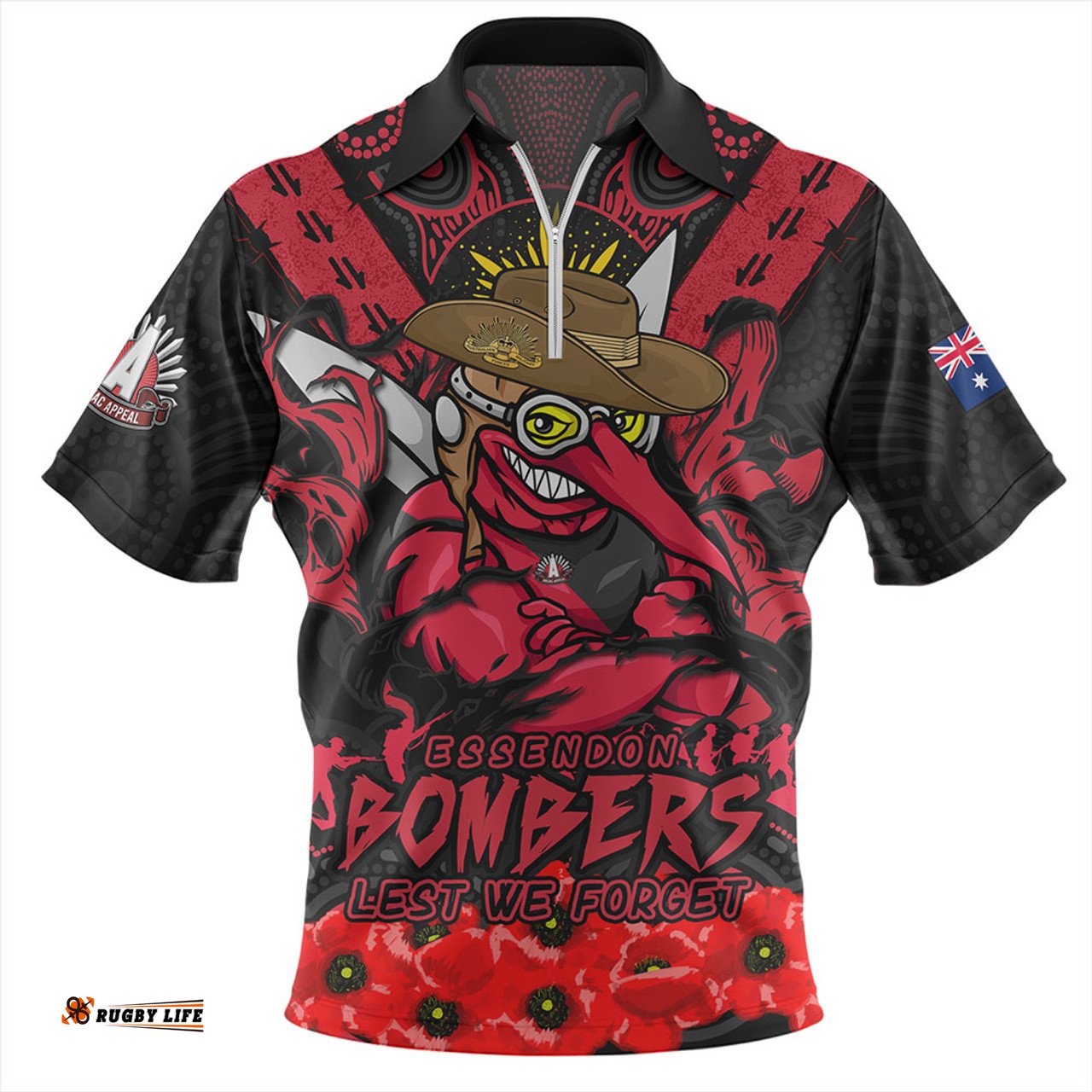 Essendon Ripped Legacy Of The Game The ANZAC Spirit Lives On Zip Polo Shirt