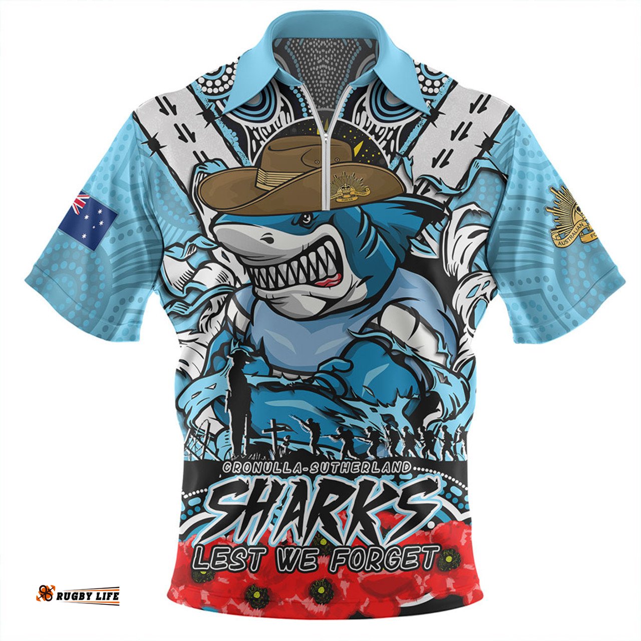 Cronulla Sutherland Sharks Ripped Legacy Of The Game The ANZAC Spirit Lives On Zip Polo Shirt