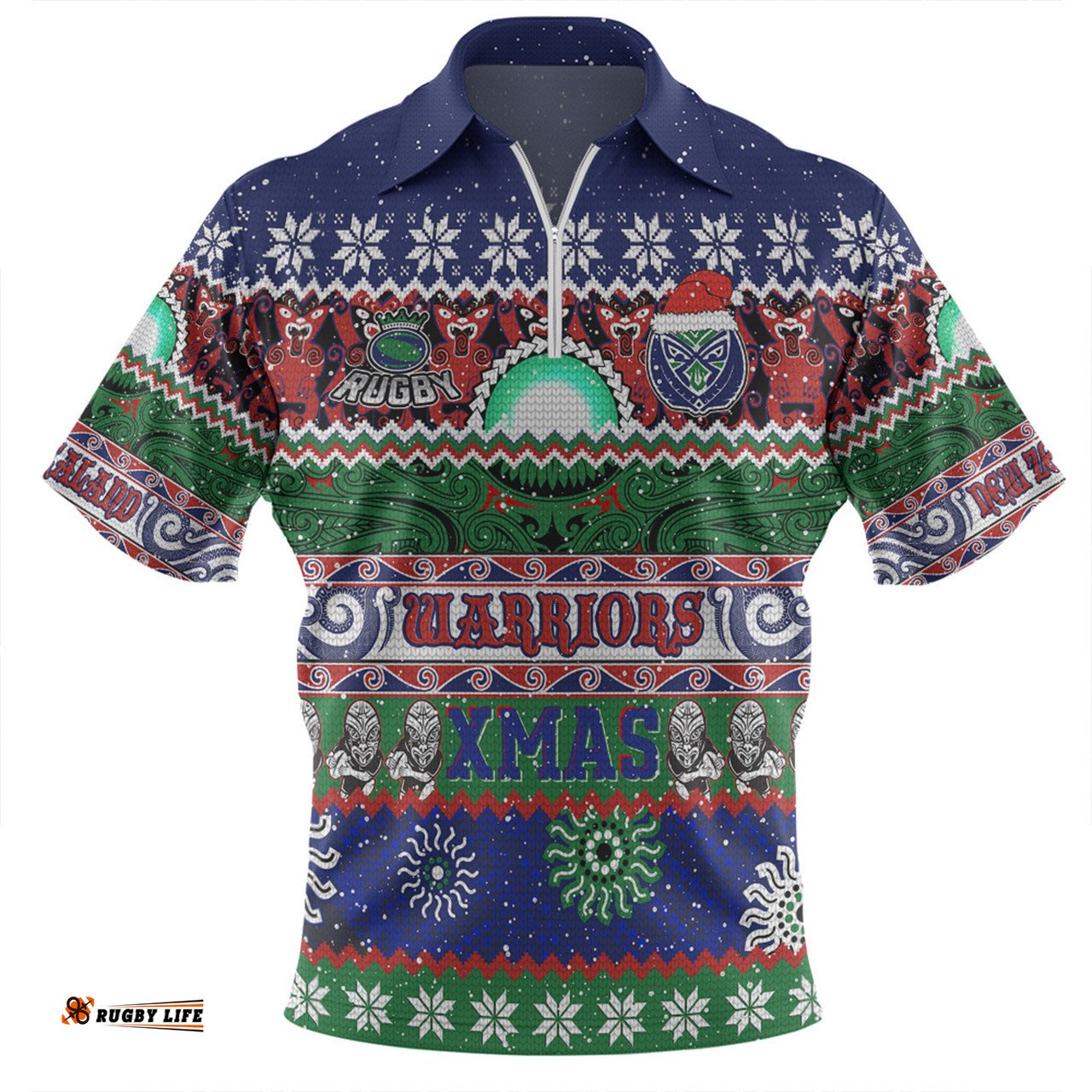 New Zealand Warriors Christmas Maori Custom Indigenous Knitted Ugly Xmas Style Zip Polo Shirt