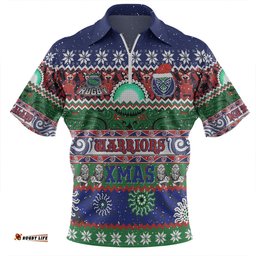 New Zealand Warriors Christmas Maori Custom Indigenous Knitted Ugly Xmas Style Zip Polo Shirt