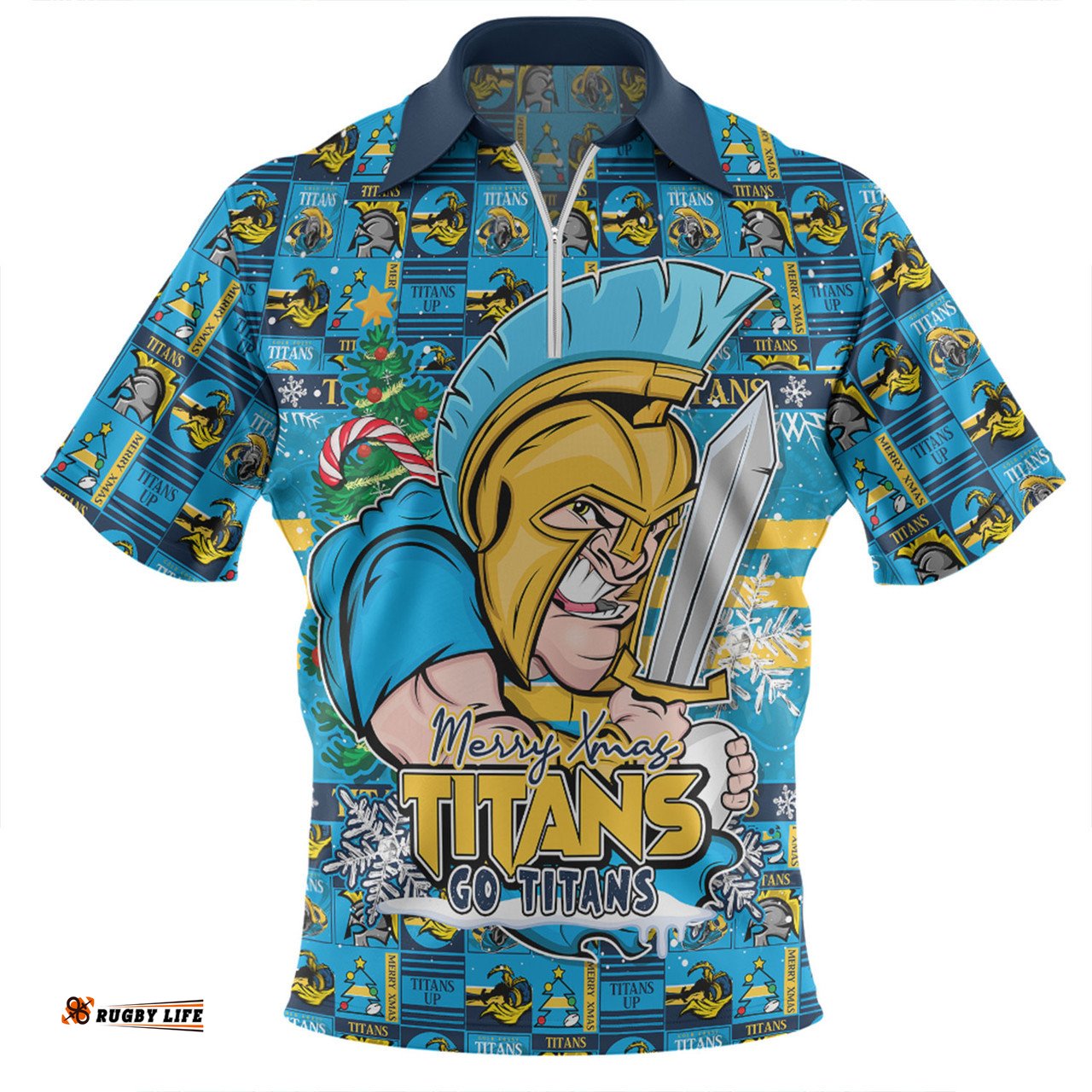 Gold Coast Titans Merry Ugly Christmas Comic Style Zip Polo Shirt