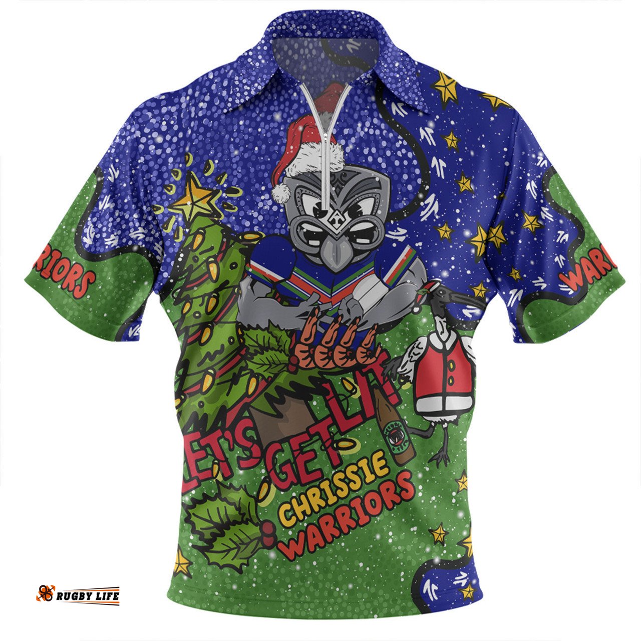 New Zealand Warriors Christmas Custom Let's Get Lit Chrisse Pressie Zip Polo Shirt