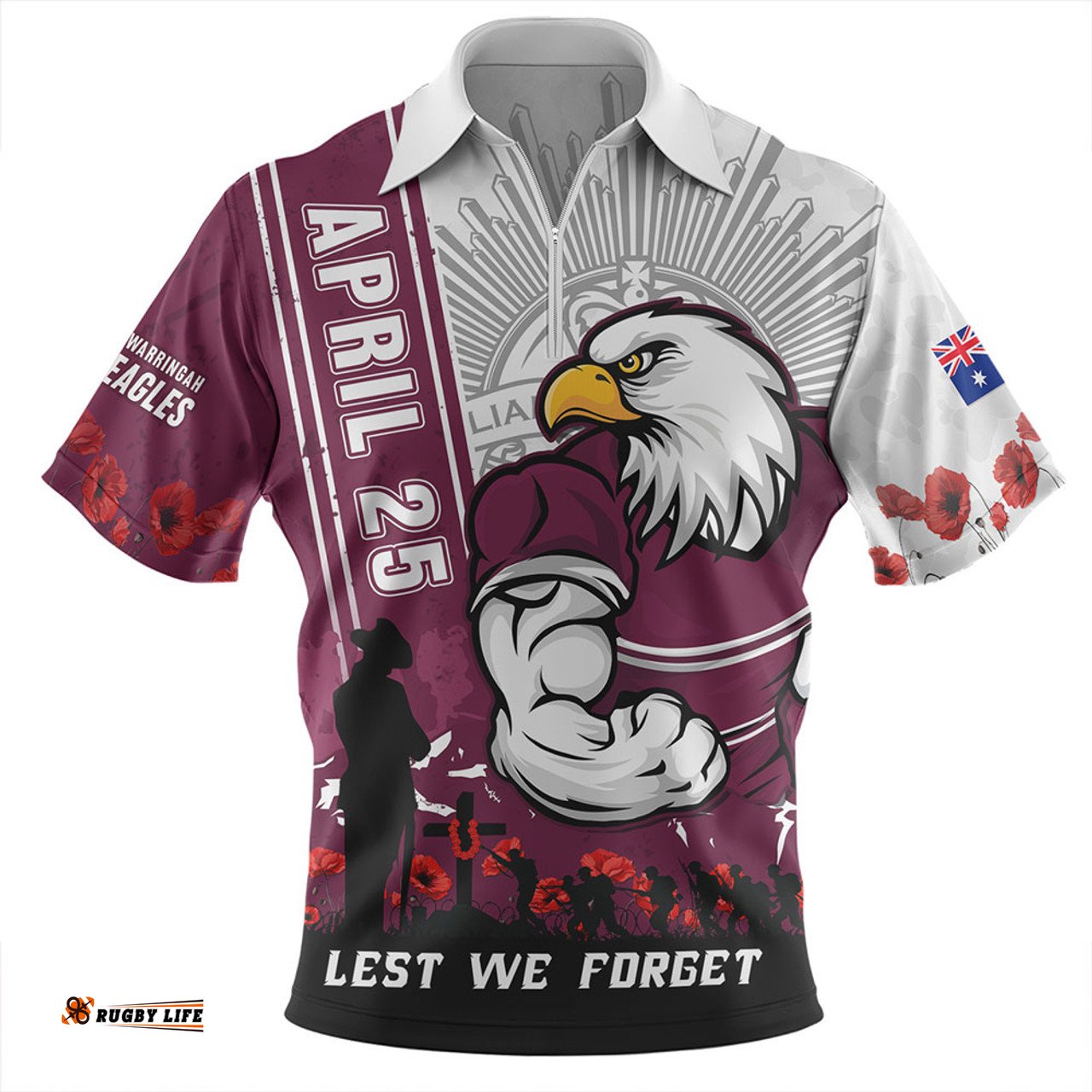 Manly Warringah Sea Eagles Anzac Day Lest We Forget Strong Fighting Spirit Zip Polo Shirt
