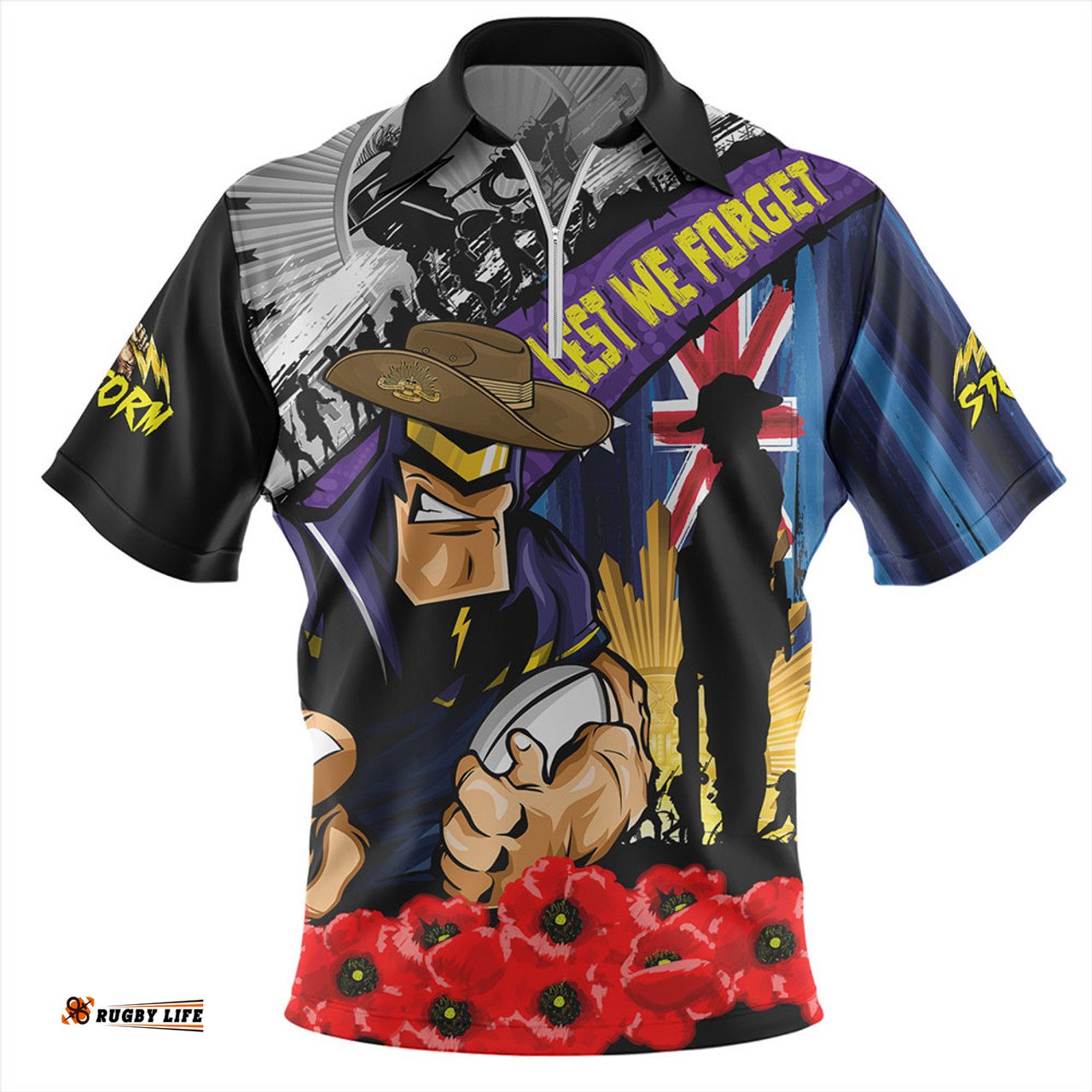 Melbourne Storm United In Spirit Anzac Day Tribute Zip Polo Shirt