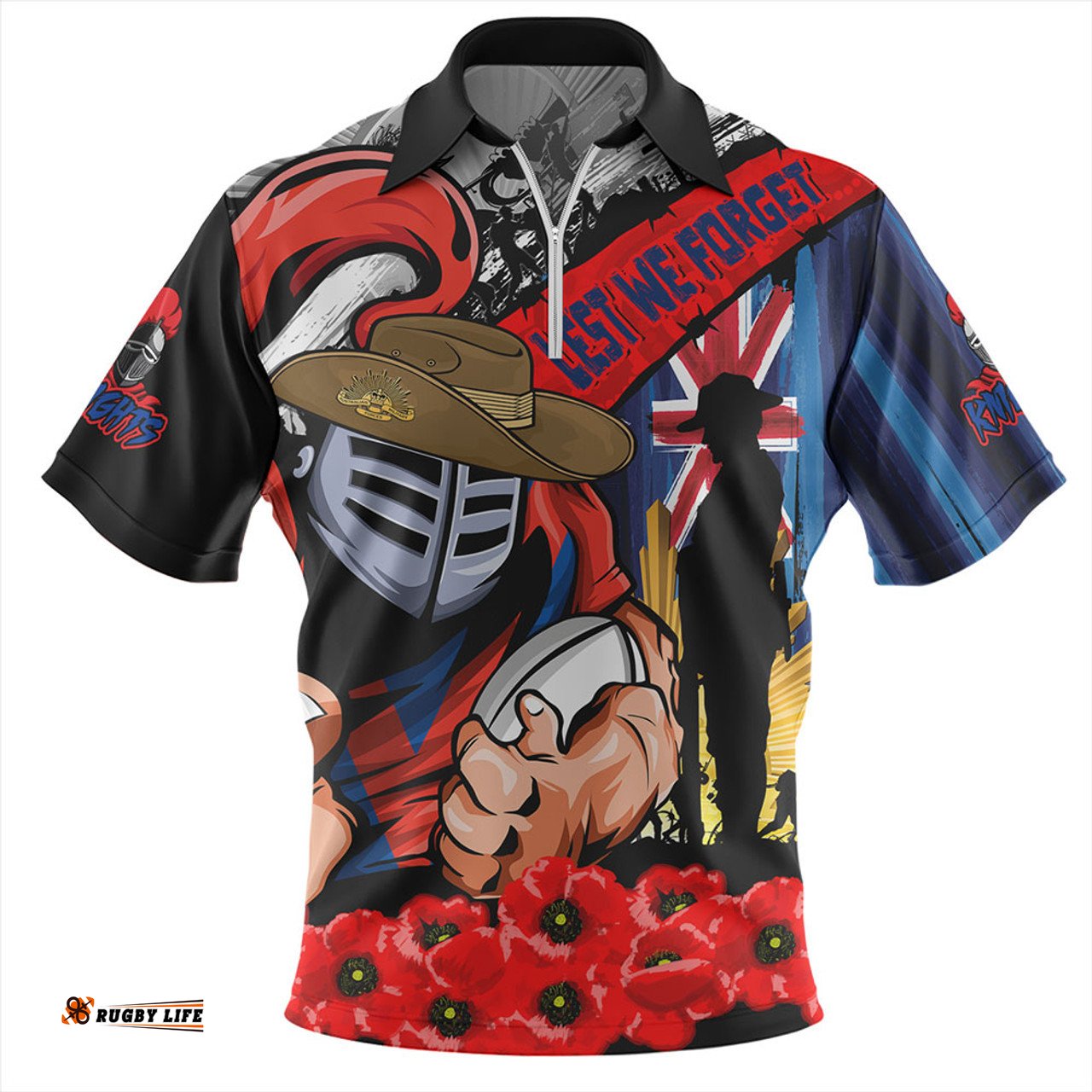 Newcastle Knights United In Spirit Anzac Day Tribute Zip Polo Shirt