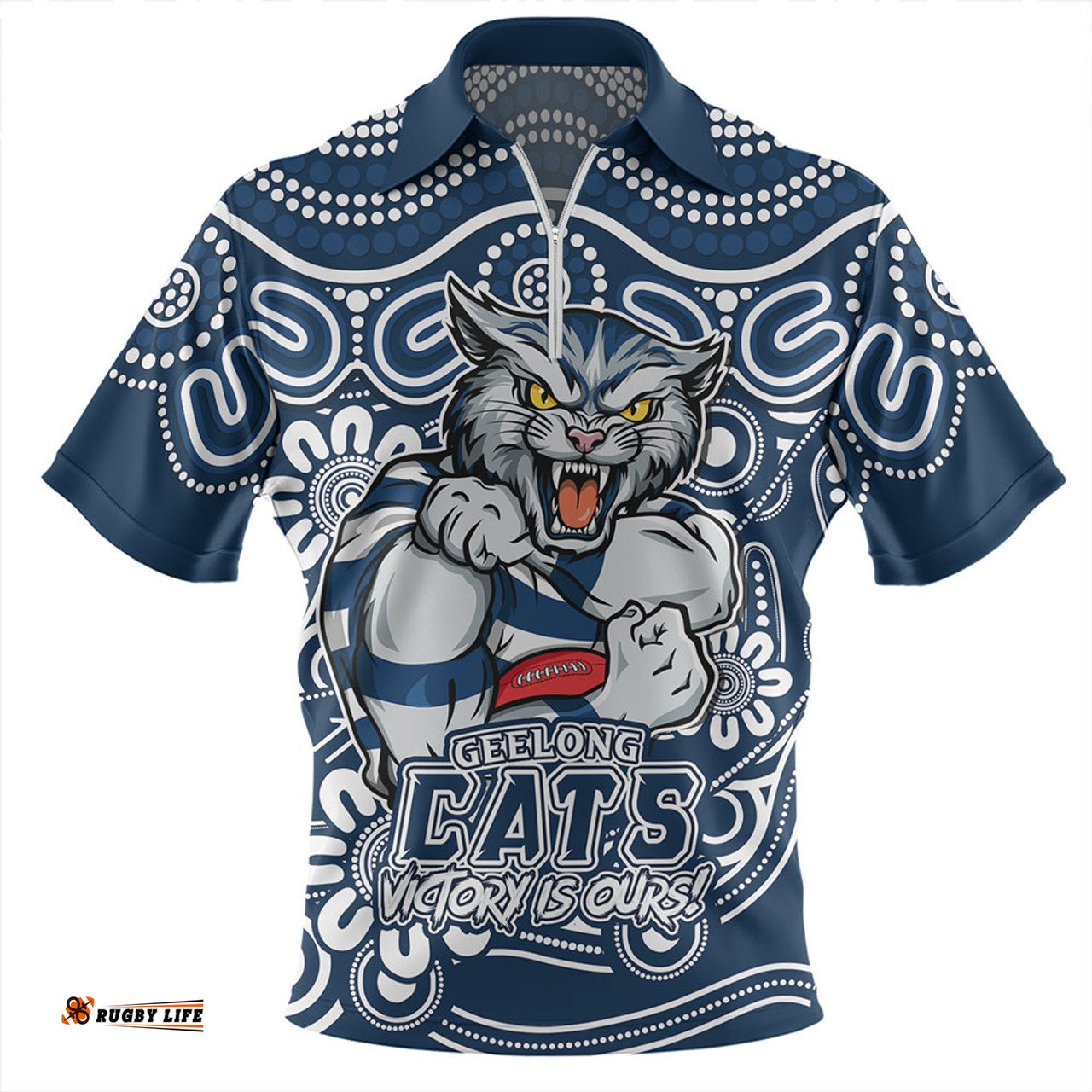 Geelong Cats Aboriginal Inspired Tough Fan Football For Life Zip Polo Shirt