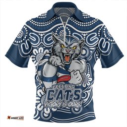 Geelong Cats Aboriginal Inspired Tough Fan Football For Life Zip Polo Shirt