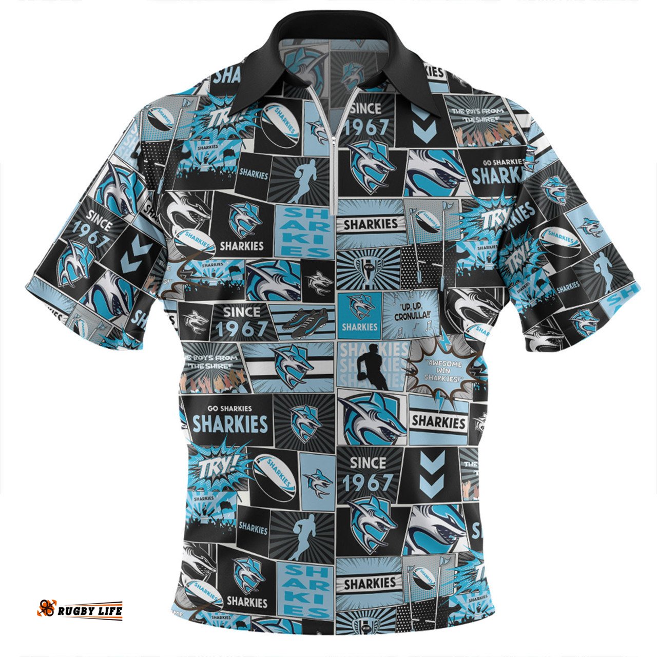 Cronulla Sutherland Sharks Team Of Us Die Hard Fan Supporters Comic Style Zip Polo Shirt