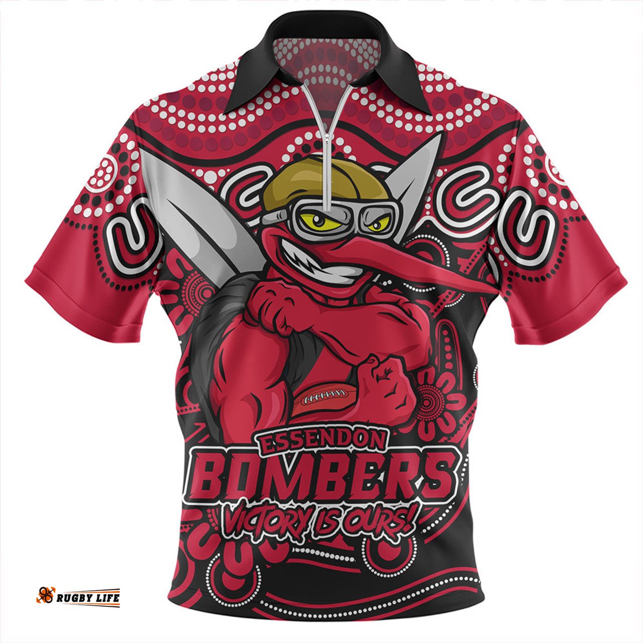 Essendon Aboriginal Inspired Tough Fan Football For Life Zip Polo Shirt