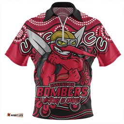 Essendon Aboriginal Inspired Tough Fan Football For Life Zip Polo Shirt