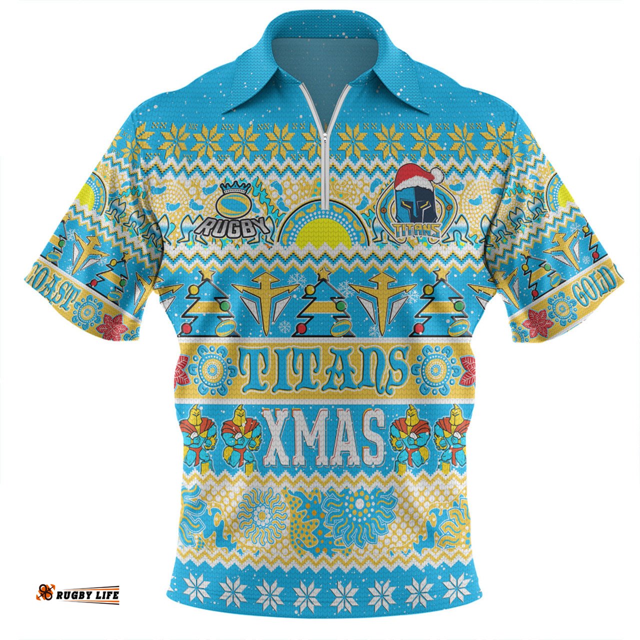 Gold Coast Titans Christmas Aboriginal Custom Indigenous Knitted Ugly Xmas Style Zip Polo Shirt