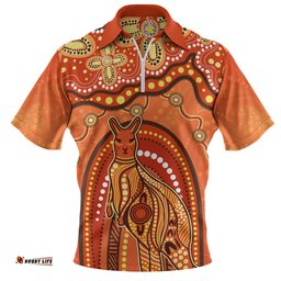 Indigenous Australian Aboriginal Kangaroo Dreaming Outback Spirit Edition Orange Zip Polo Shirt