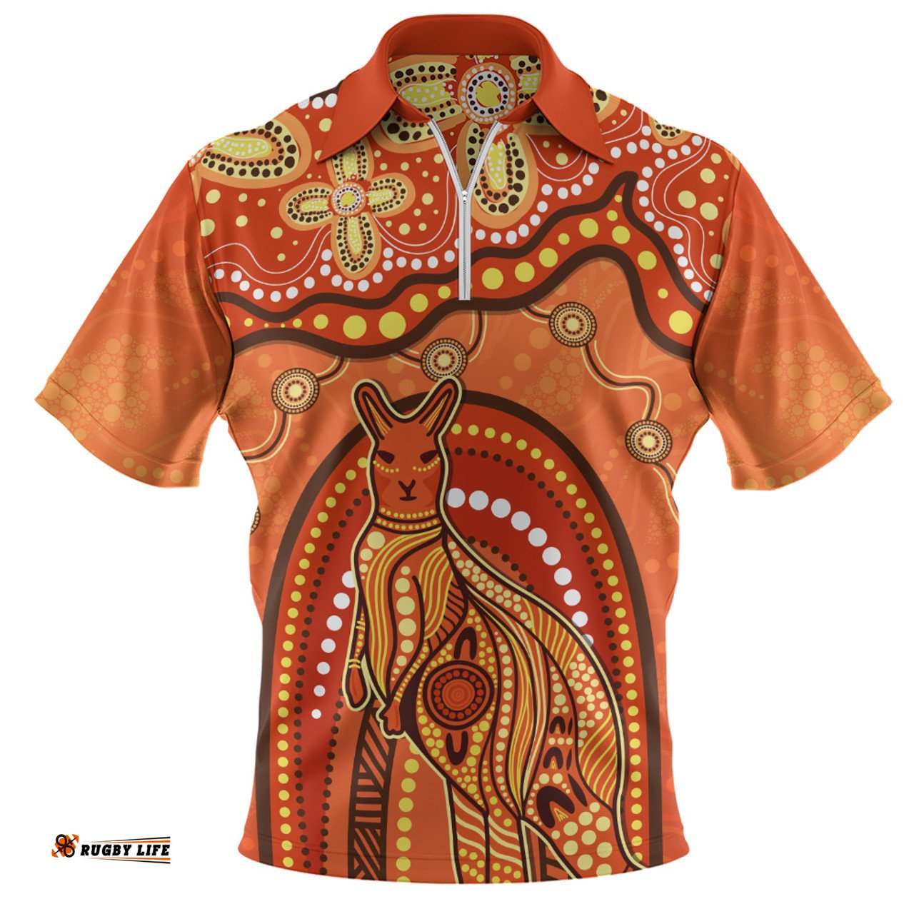 Indigenous Australian Aboriginal Kangaroo Dreaming Outback Spirit Edition Orange Zip Polo Shirt