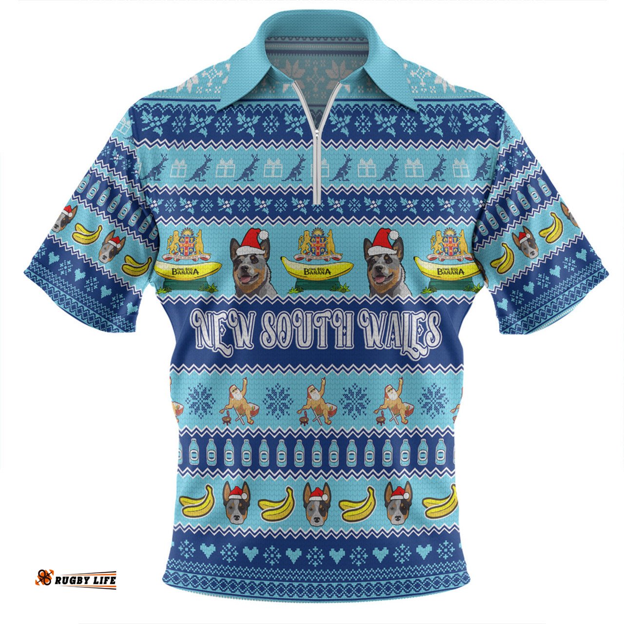 New South Wales Big Things Christmas Custom The Big Banana And Blue Heeler Zip Polo Shirt