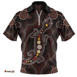 Indigenous Australian Aboriginal Aboriginal Gecko Dreaming Path Zip Polo Shirt