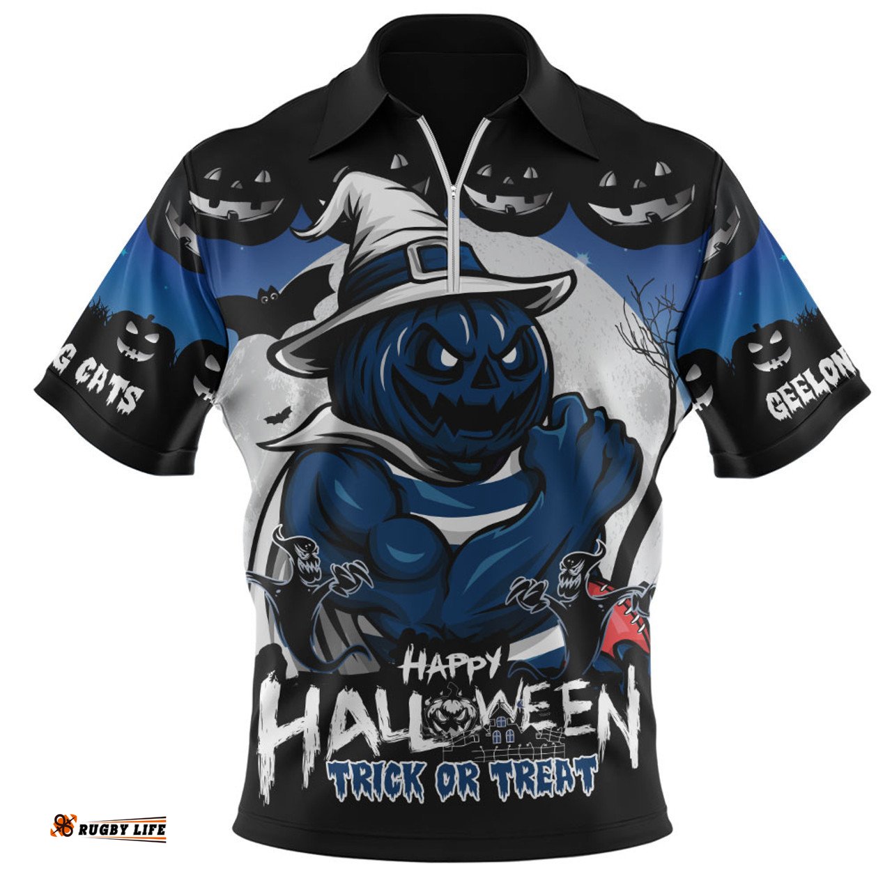 Geelong Cats Dark Pumpkin Halloween Spirit Zip Polo Shirt