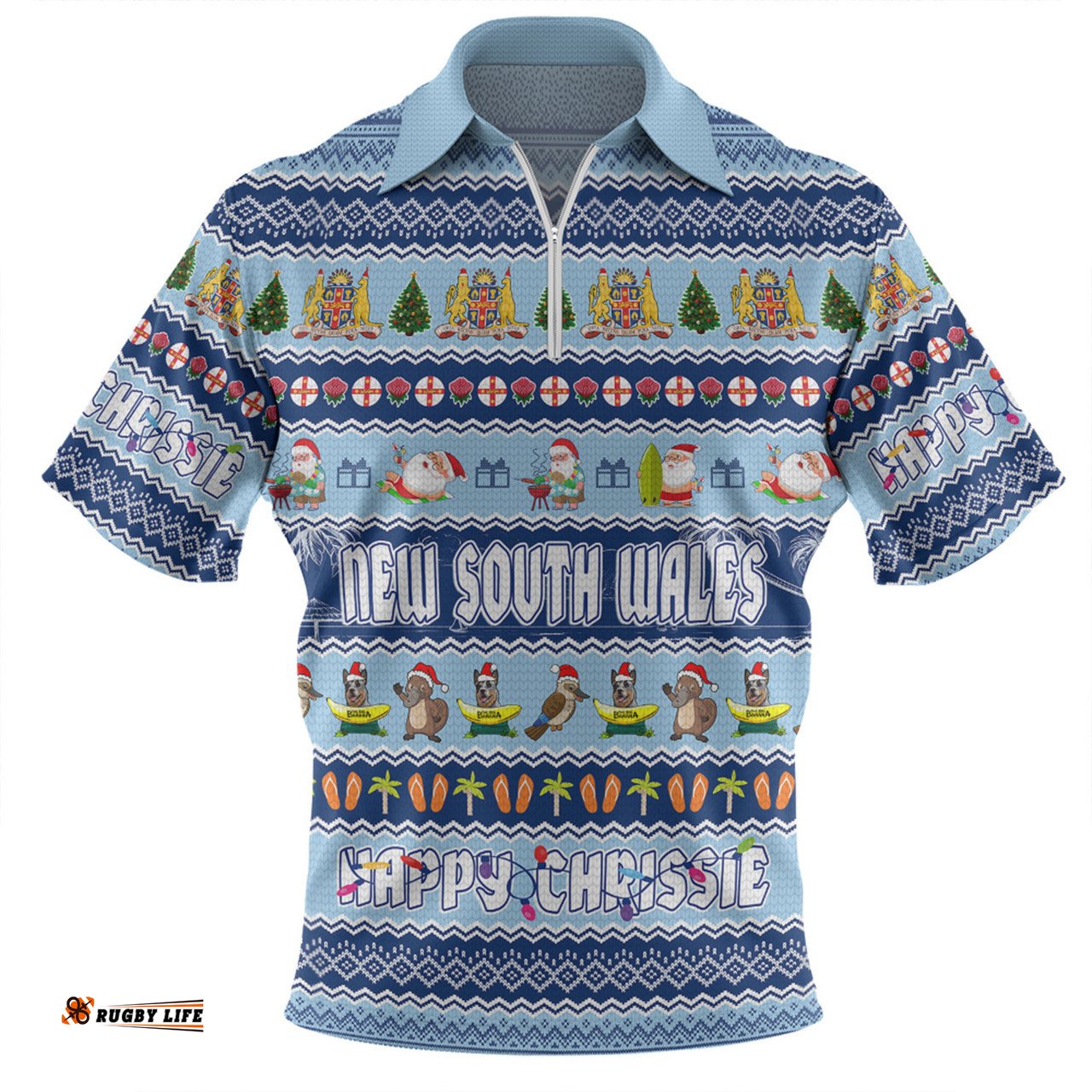 New South Wales Christmas Custom Happy Chrissie Ugly Style Zip Polo Shirt