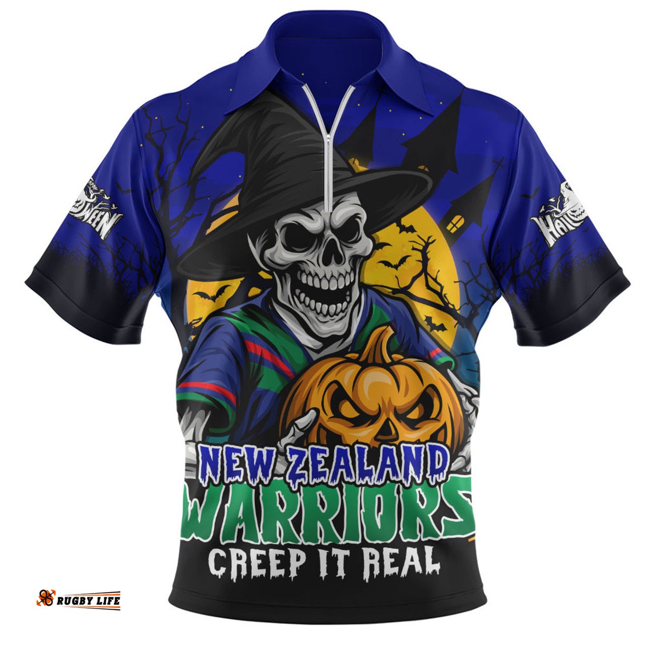 New Zealand Warriors Dark Moon Rugby Halloween Battle Edition Zip Polo Shirt