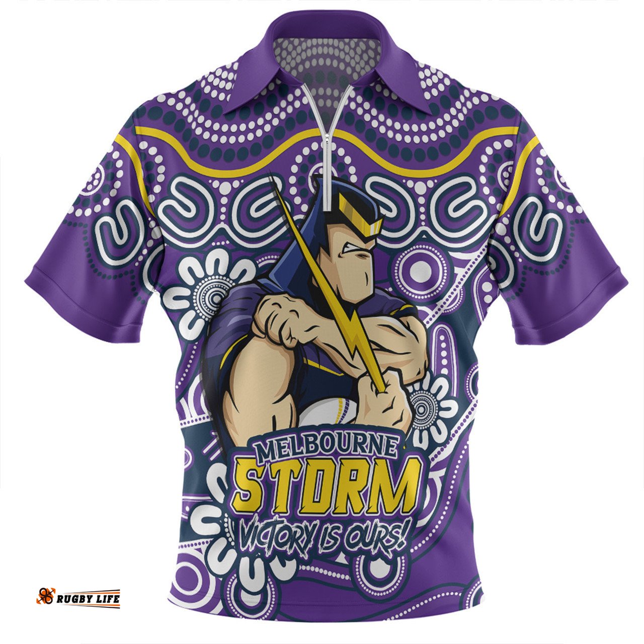 Melbourne Storm Aboriginal Inspired Tough Fan Rugby For Life Zip Polo Shirt