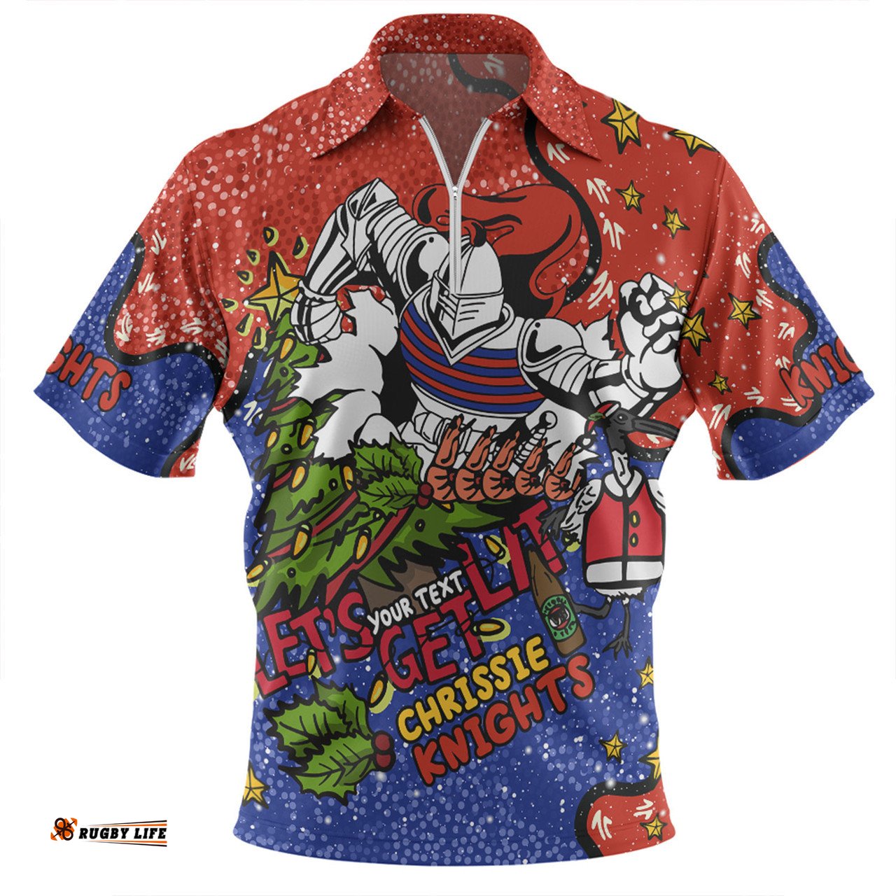 Newcastle Knights Christmas Custom Let's Get Lit Chrisse Pressie Zip Polo Shirt