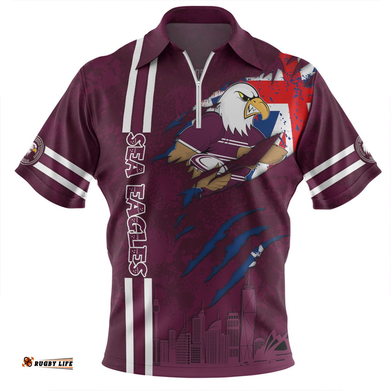 Manly Warringah Sea Eagles Happy Australia Day Flag Scratch Style Zip Polo Shirt