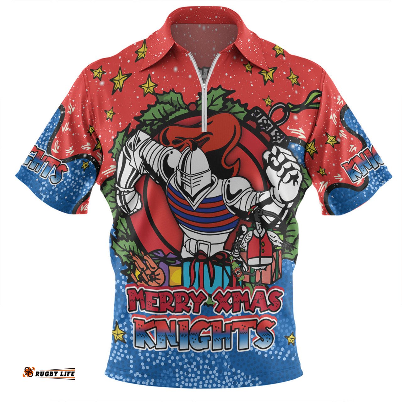 Newcastle Knights Christmas Custom Merry Christmas Our Beloved Team With Aboriginal Dot Art Pattern Zip Polo Shirt