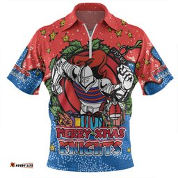 Newcastle Knights Christmas Custom Merry Christmas Our Beloved Team With Aboriginal Dot Art Pattern Zip Polo Shirt