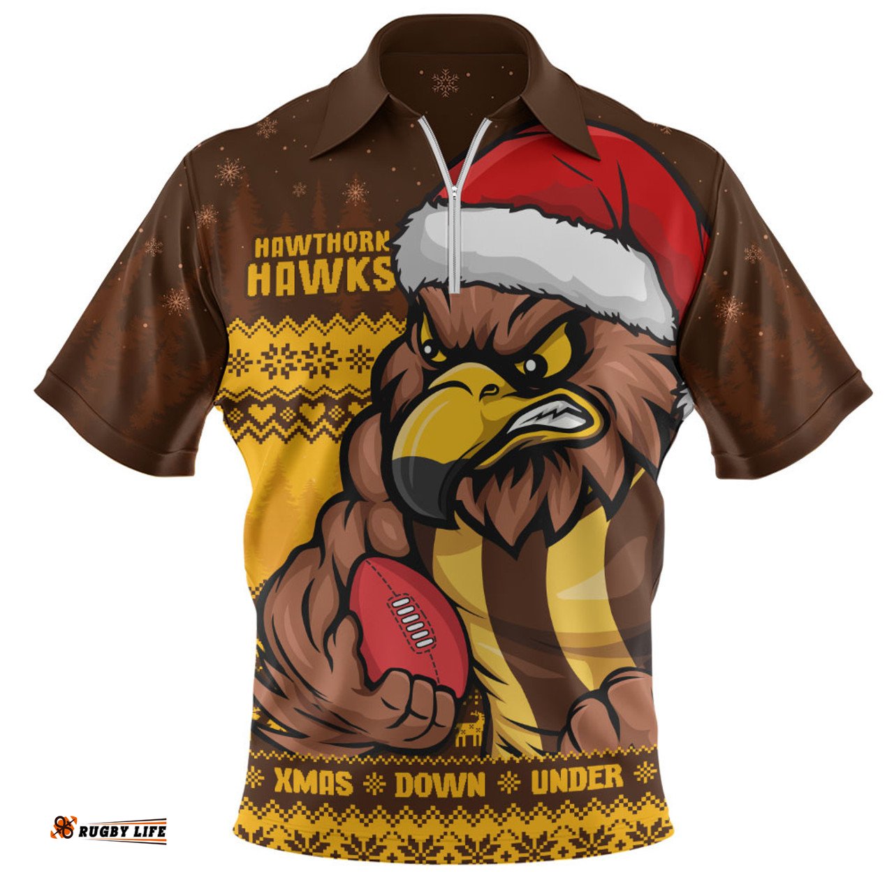 Hawthorn Merry Christmas Down Under Footy Power Style Zip Polo Shirt