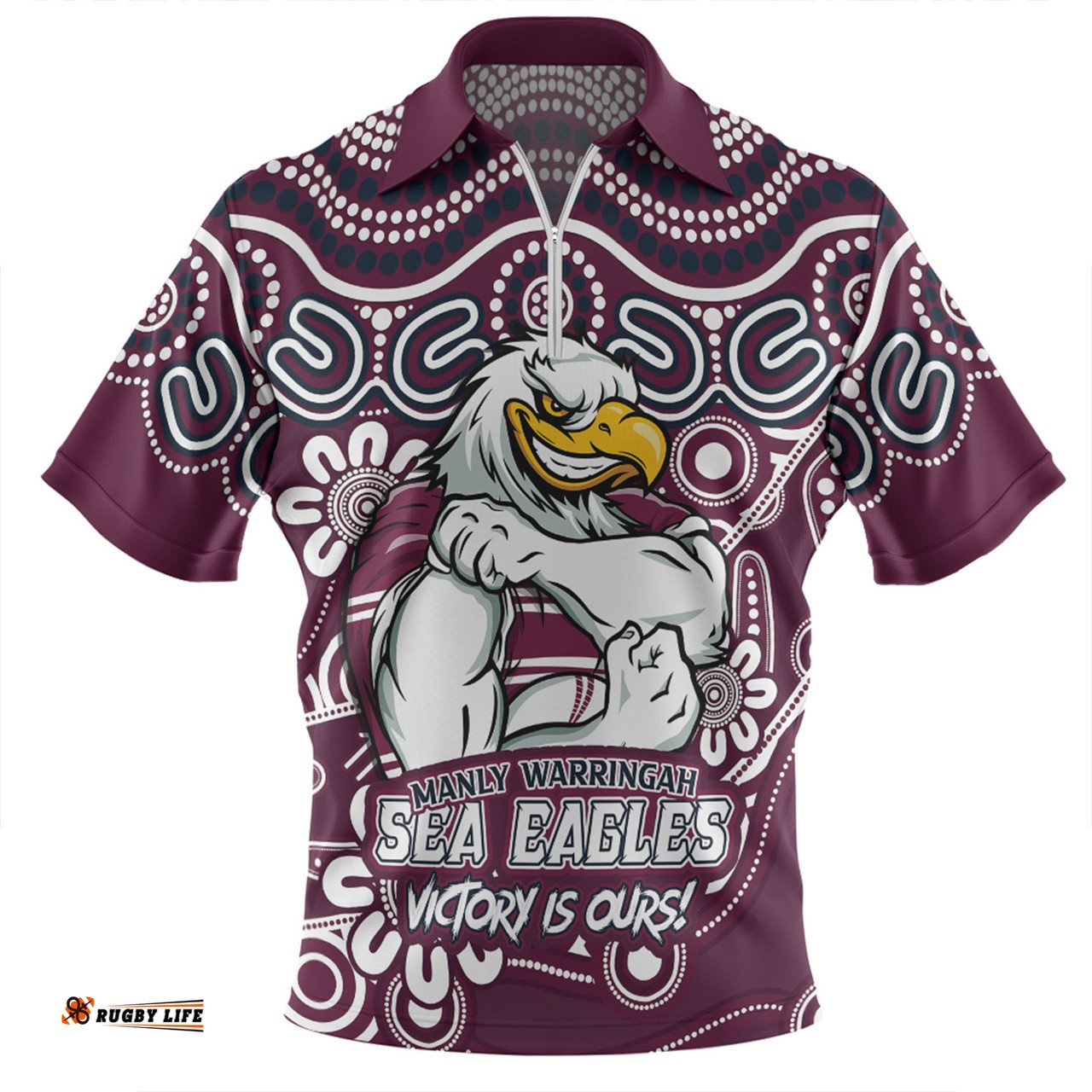 Manly Warringah Sea Eagles Aboriginal Inspired Tough Fan Rugby For Life Ver 2.0 Zip Polo Shirt