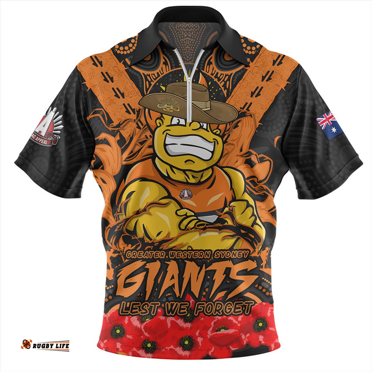 GWS GIANTS Ripped Legacy Of The Game The ANZAC Spirit Lives On Zip Polo Shirt